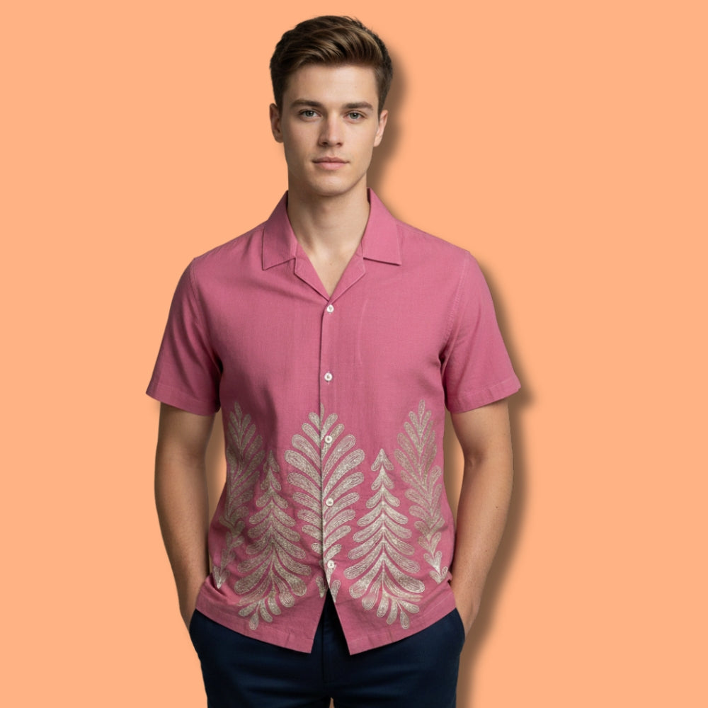 Pink Leafy Thread Embroidery Design Shirt