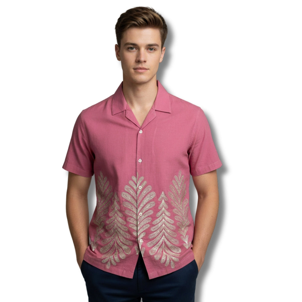 Pink Leafy Thread Embroidery Design Shirt