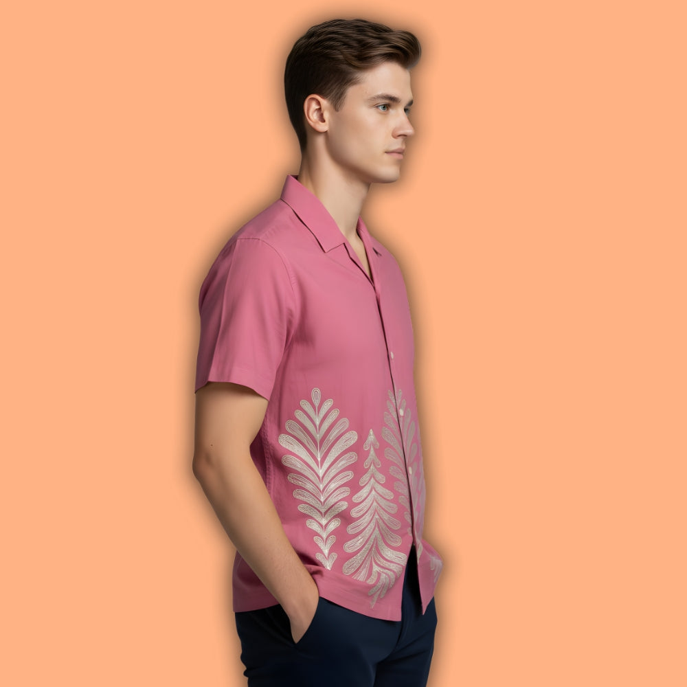 Pink Leafy Thread Embroidery Design Shirt