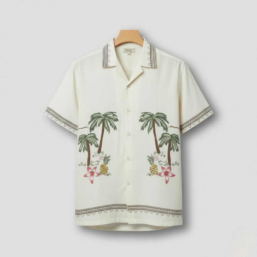 White Floral Tree Embroidery Design Linen Shirt