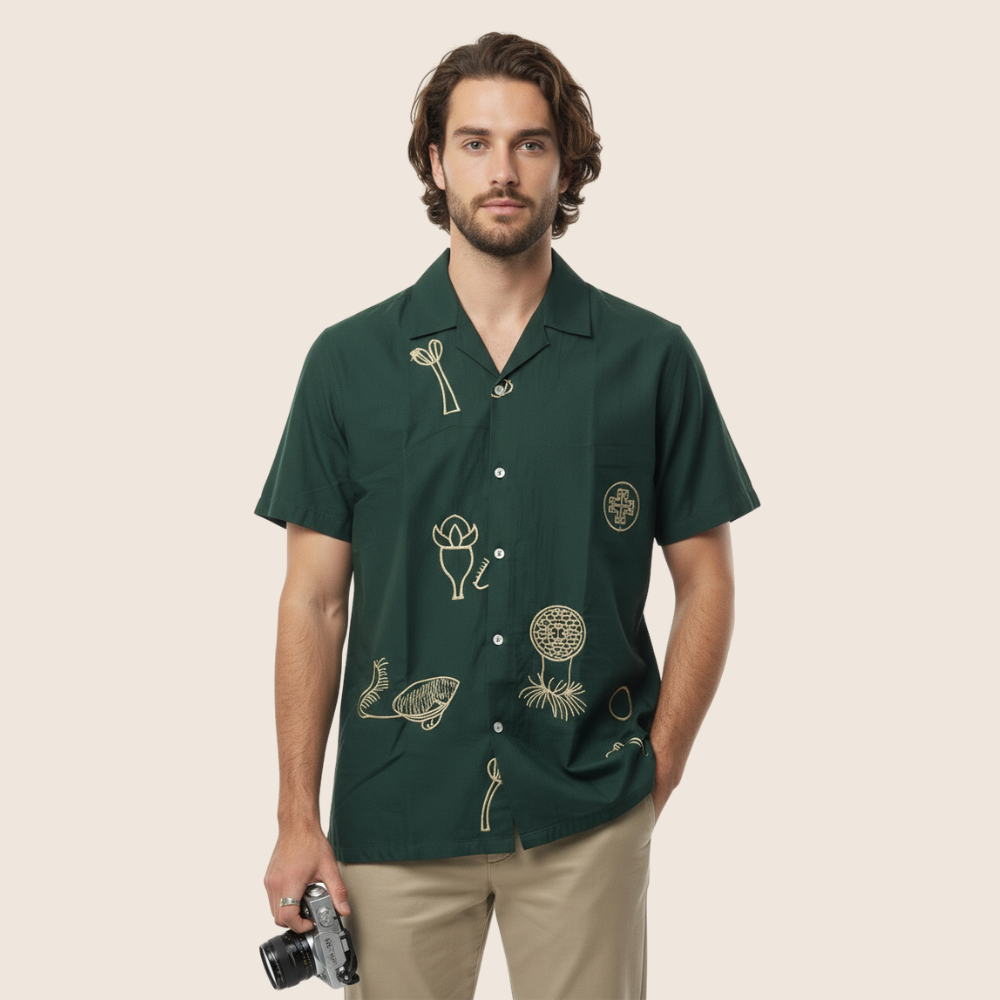 Olive Green Floral Embroidery Linen Shirt