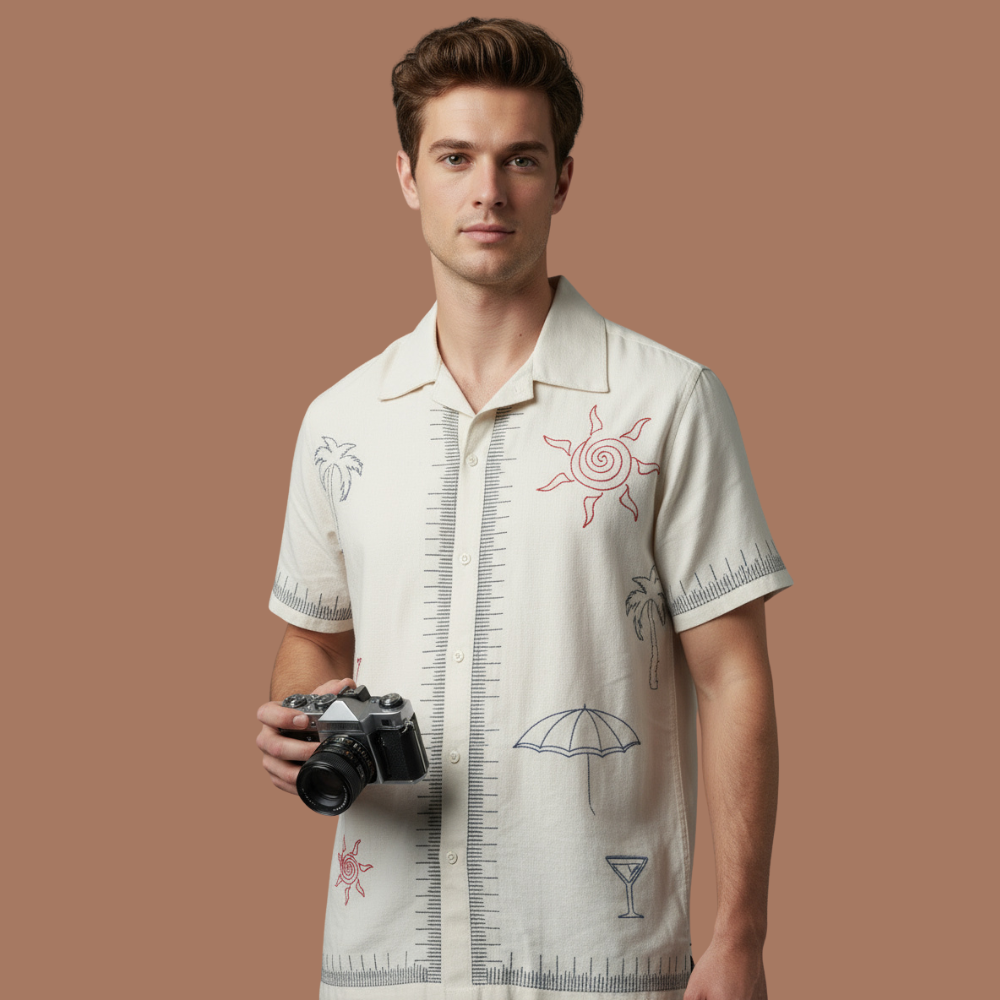 White Rock Color Embroidery Design Linen Shirt