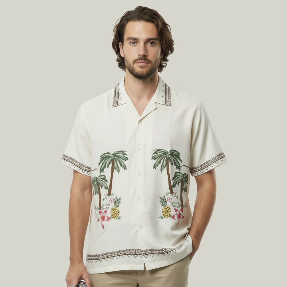 White Floral Tree Embroidery Design Linen Shirt