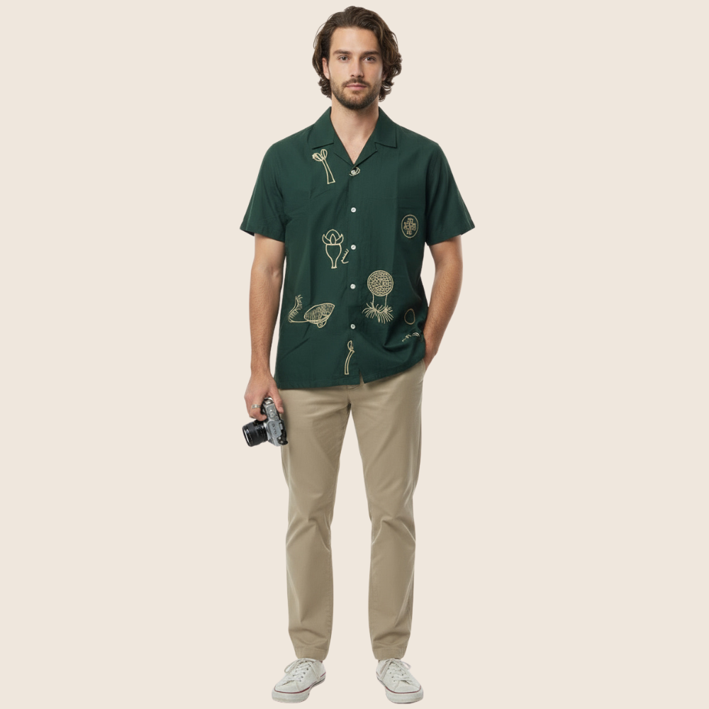 Olive Green Floral Embroidery Linen Shirt