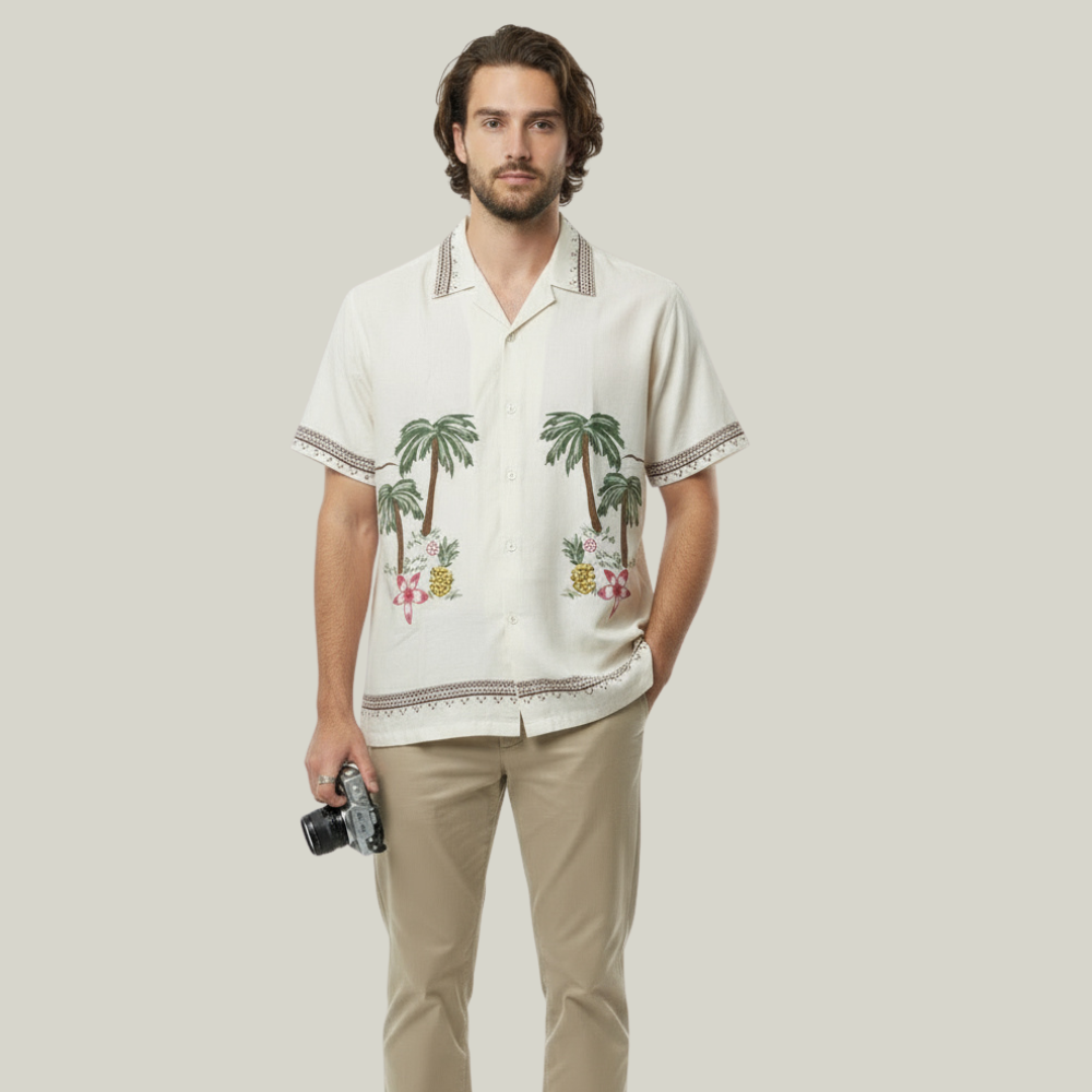 White Floral Tree Embroidery Design Linen Shirt