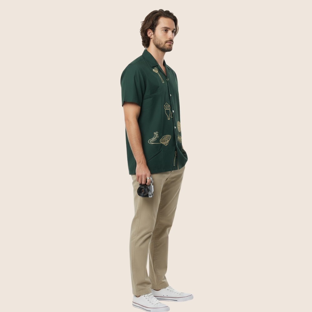Olive Green Floral Embroidery Linen Shirt