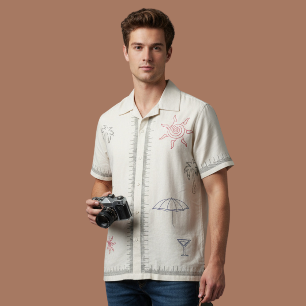 White Rock Color Embroidery Design Linen Shirt