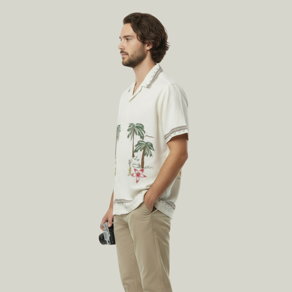 White Floral Tree Embroidery Design Linen Shirt
