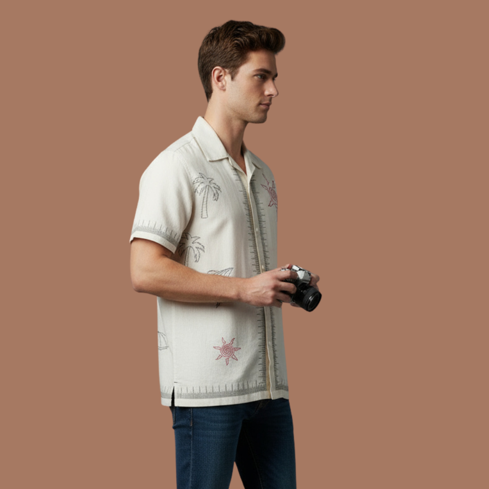 White Rock Color Embroidery Design Linen Shirt