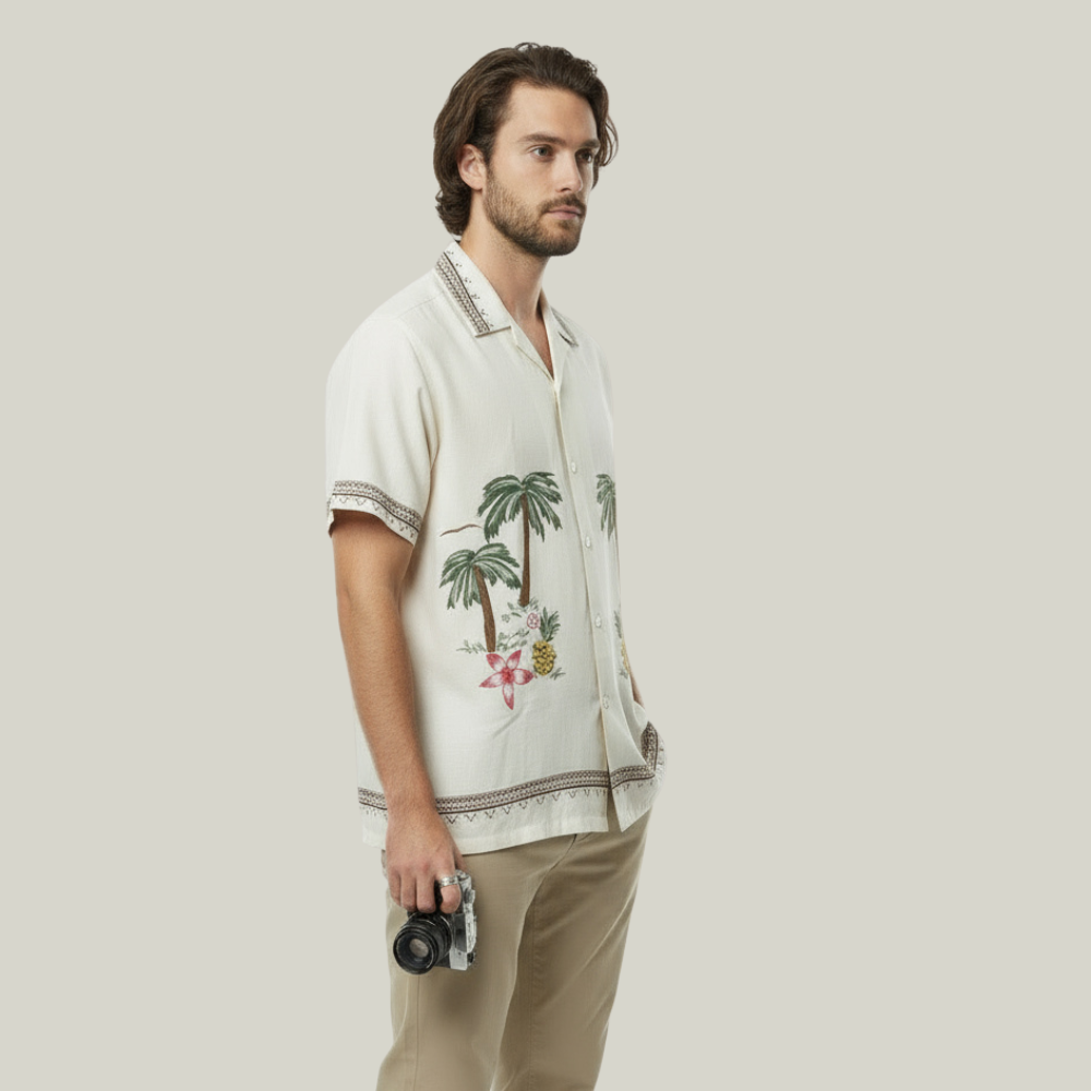White Floral Tree Embroidery Design Linen Shirt