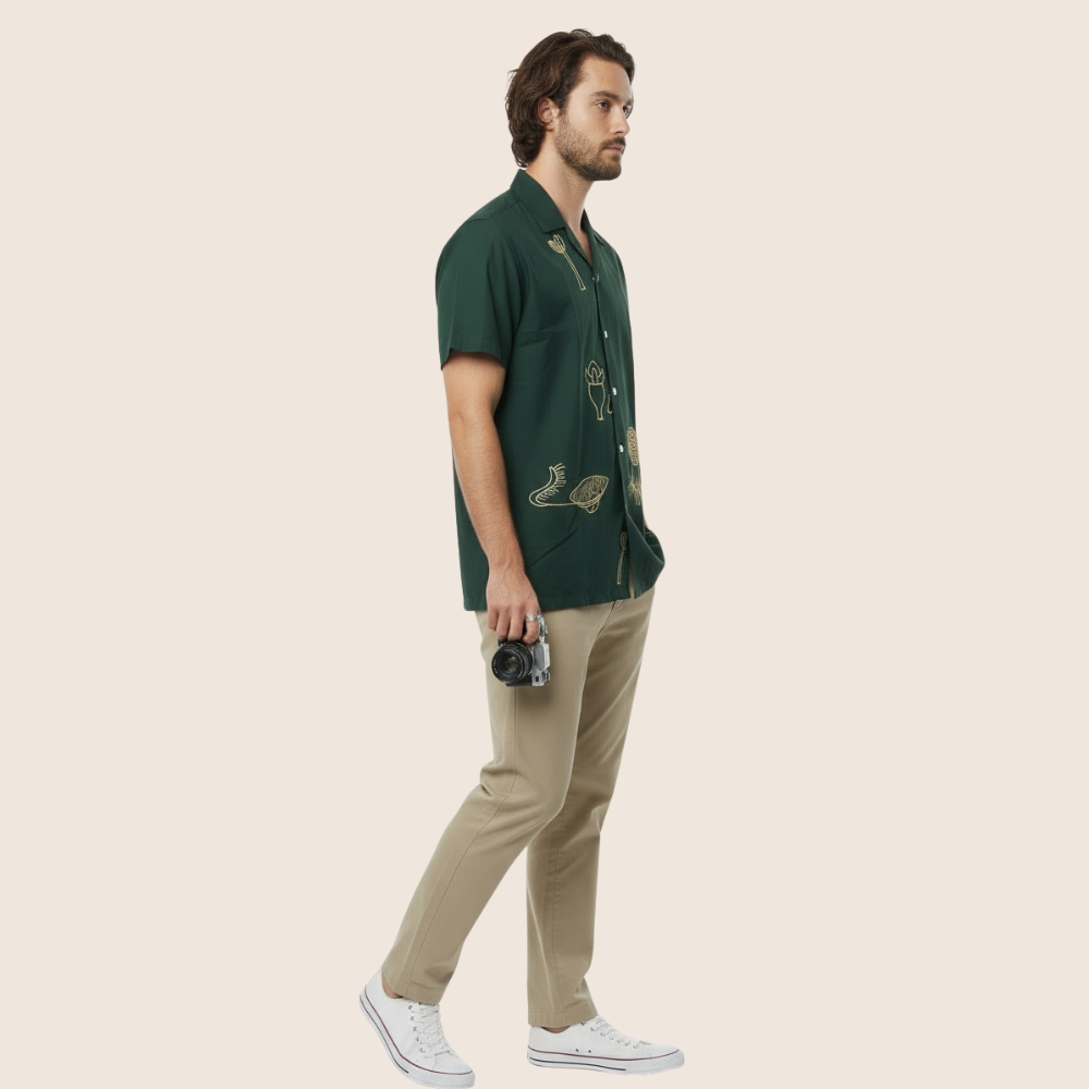 Olive Green Floral Embroidery Linen Shirt