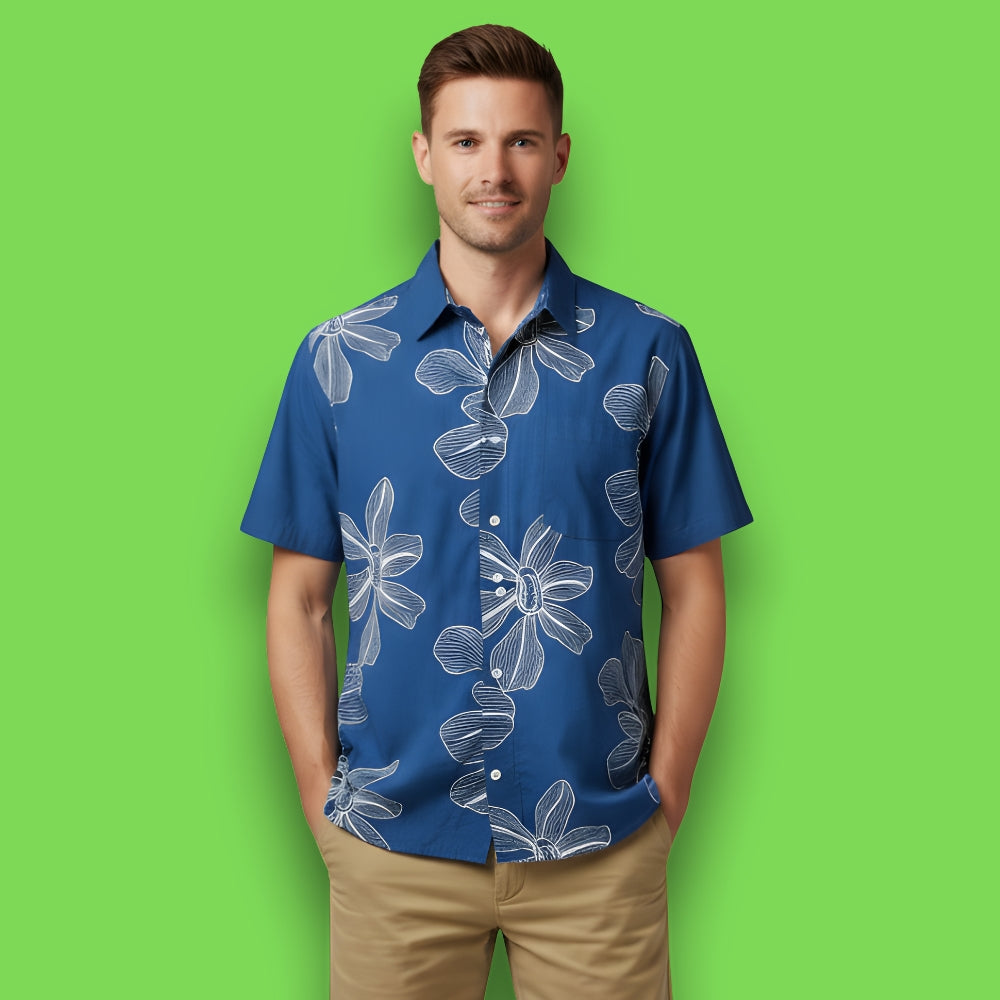 Blue Color white Floral Dori Embroidery Shirt