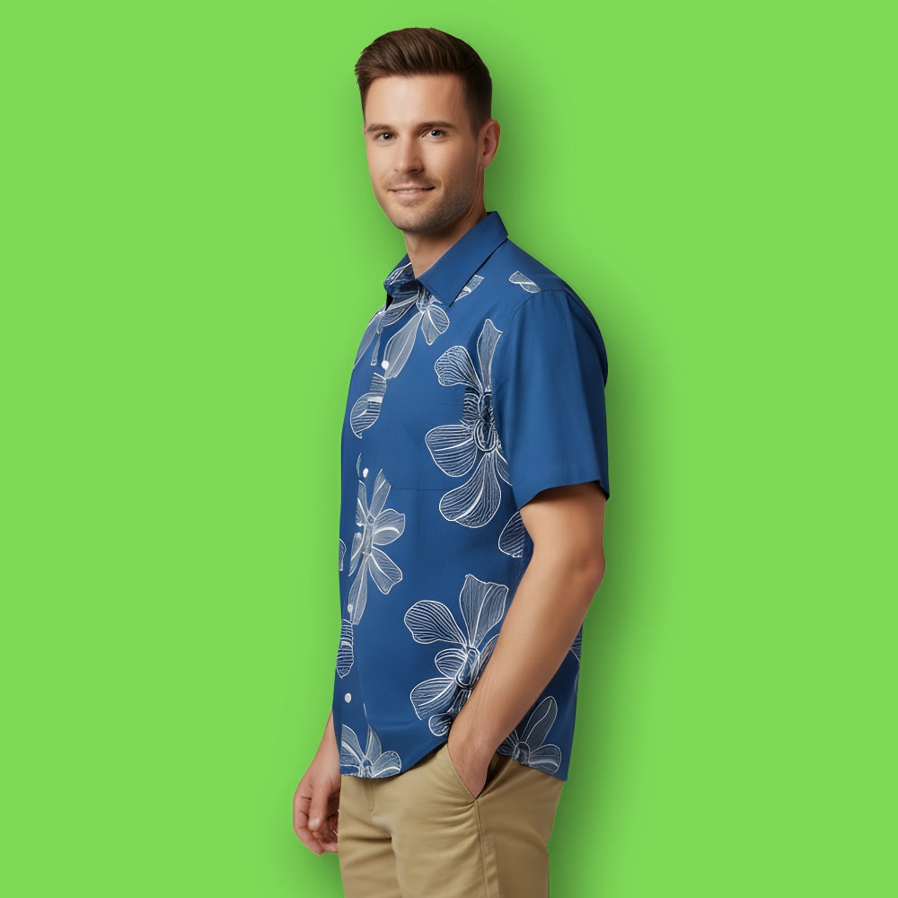 Blue Color white Floral Dori Embroidery Shirt