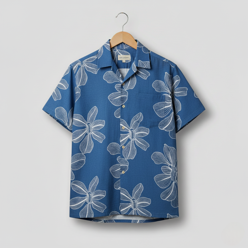 Blue Color white Floral Dori Embroidery Shirt