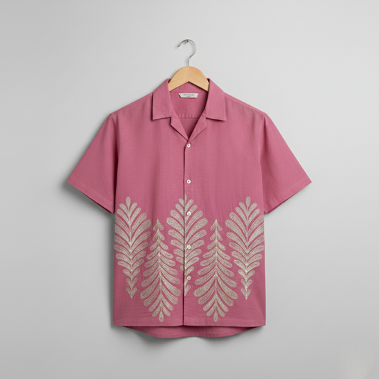Pink Leafy Thread Embroidery Design Shirt