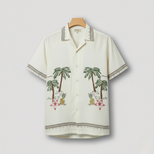 White Floral Tree Embroidery Design Linen Shirt