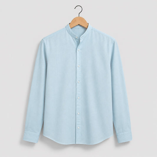 Light Skyblue Pure Cotton Mandarin Collar Shirt