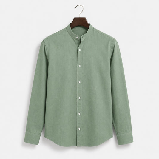 Dusty Green Pure Cotton Mandarin Collar Shirt