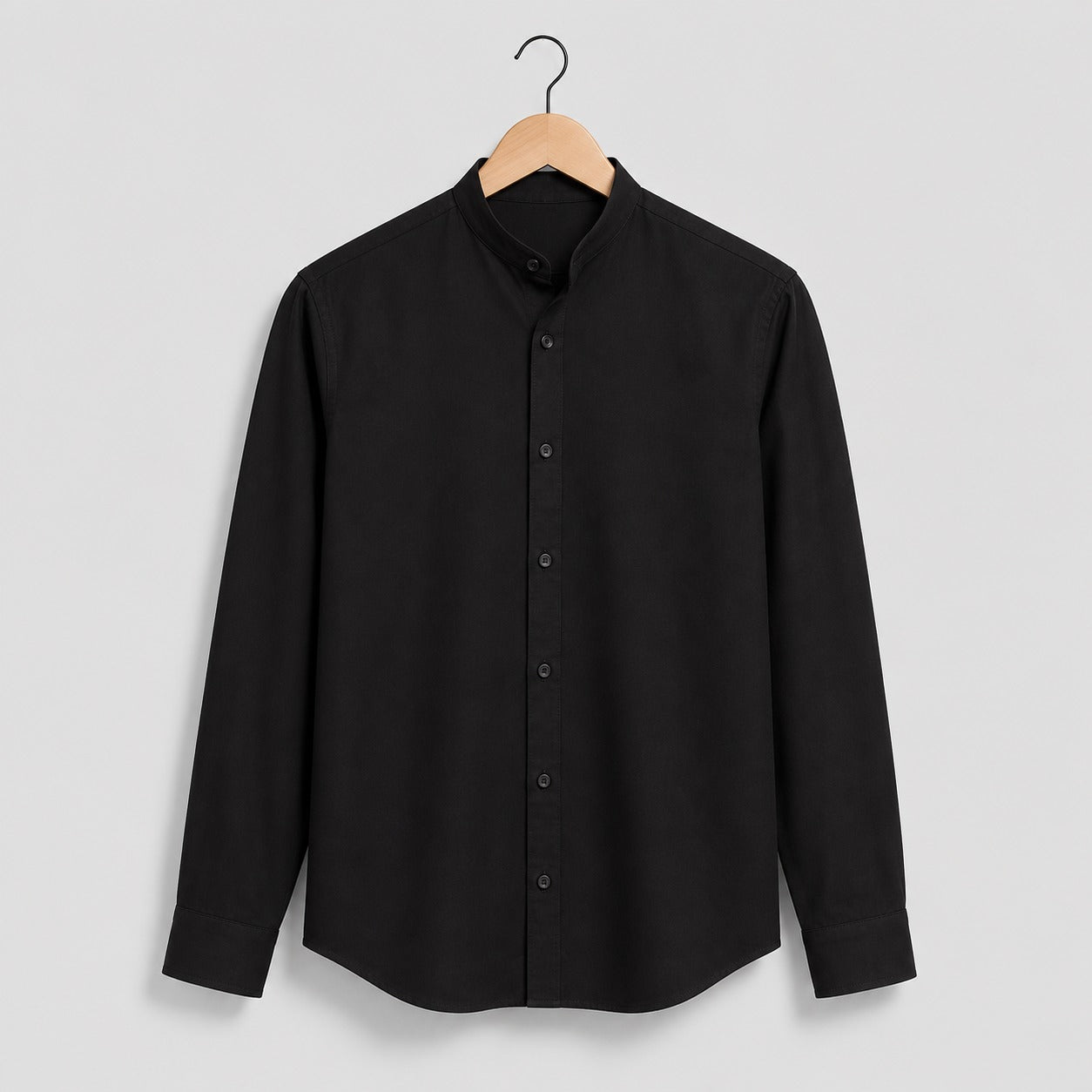 Jet Black Pure Cotton Mandarin Collar Shirt
