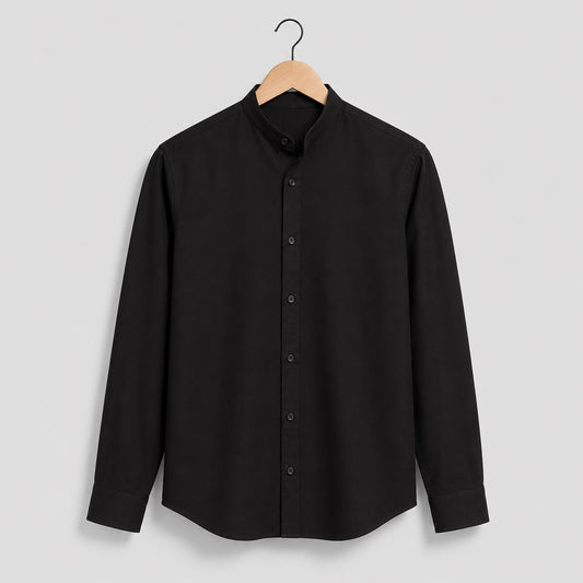 Jet Black Pure Cotton Mandarin Collar Shirt
