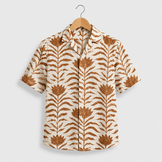 Cream Brown Botanical Leaf Printed Shirt